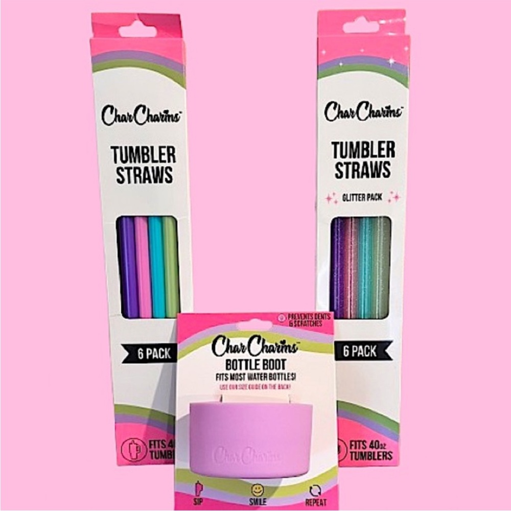 🆕- Char Charms Water Bottle Accessories Boot Plus Two Boxes of Tumbler Straws